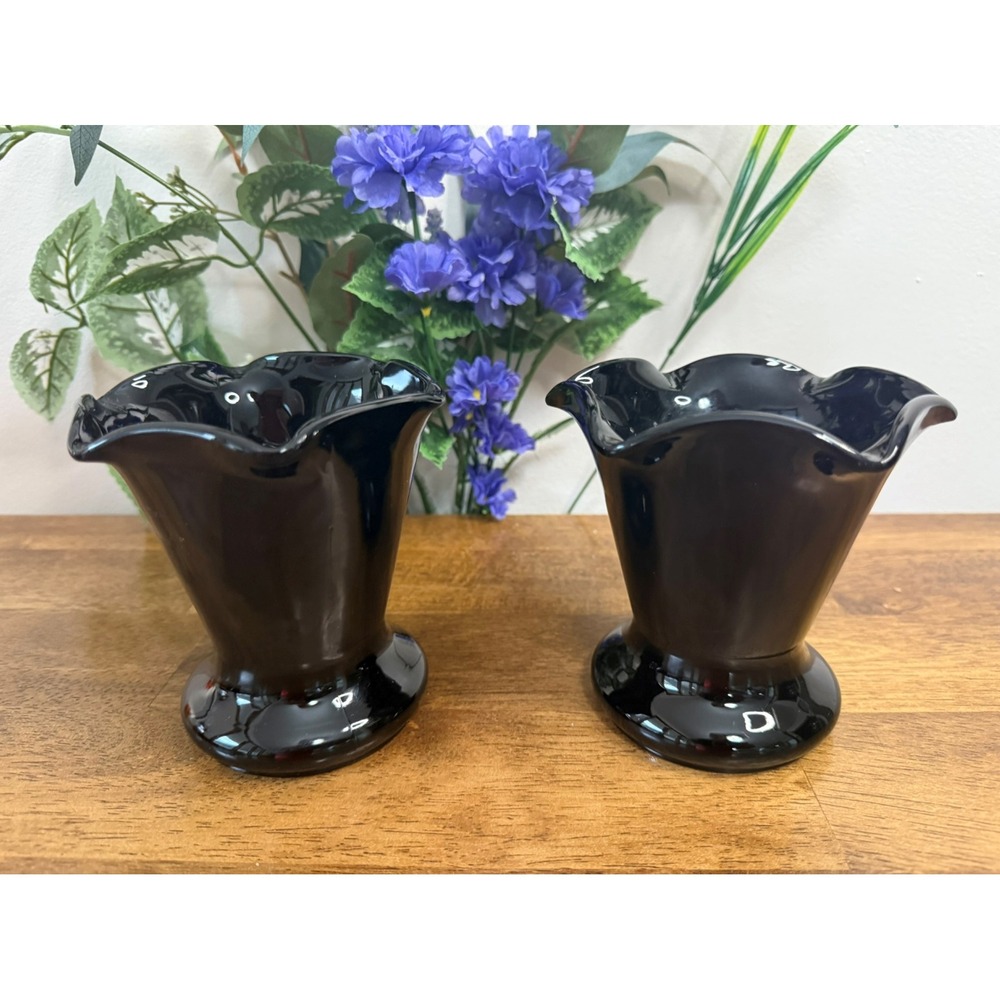 Vintage Black Amethyst Glass Vases Pair Pedestal Base‎ Flared Ruffle Rim Gothic